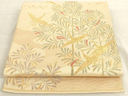 平和屋着物◎六通柄袋帯　立波飛鶴草木文　金糸　正絹　逸品　AAAO1605ru