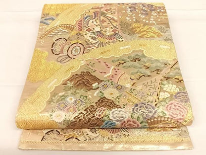 平和屋着物◎六通柄袋帯 扇面鳳凰花文 金糸 正絹 逸品 AAAO1981wt