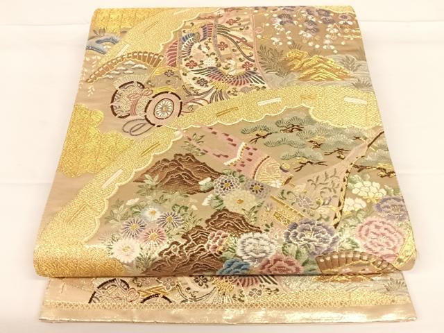 平和屋着物◎六通柄袋帯 扇面鳳凰花文 金糸 正絹 逸品 AAAO1981wt