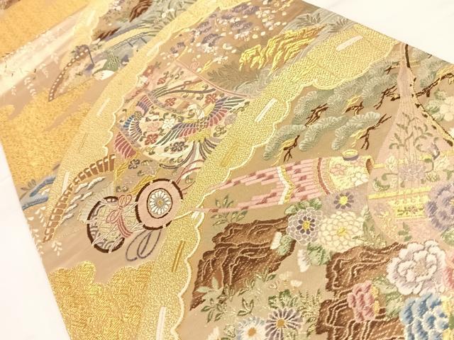平和屋着物◎六通柄袋帯 扇面鳳凰花文 金糸 正絹 逸品 AAAO1981wt