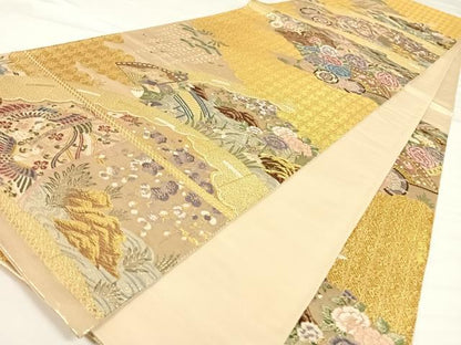 平和屋着物◎六通柄袋帯 扇面鳳凰花文 金糸 正絹 逸品 AAAO1981wt
