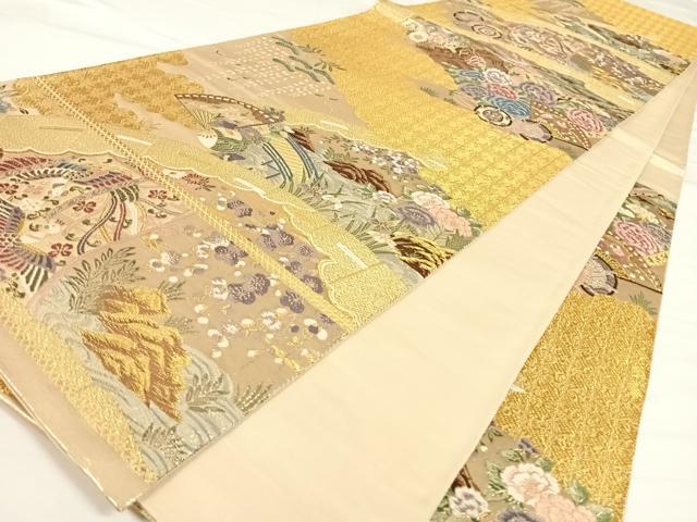 平和屋着物◎六通柄袋帯 扇面鳳凰花文 金糸 正絹 逸品 AAAO1981wt