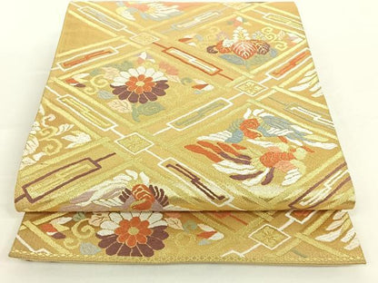 平和屋着物◎六通柄袋帯　唐織　双鳥花菱文　金糸　正絹　逸品　AAAO2248jh