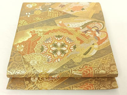平和屋着物◎六通柄袋帯 吉祥福禄寿 檜扇花鳥文 金糸 正絹 逸品 AAAO2335jh
