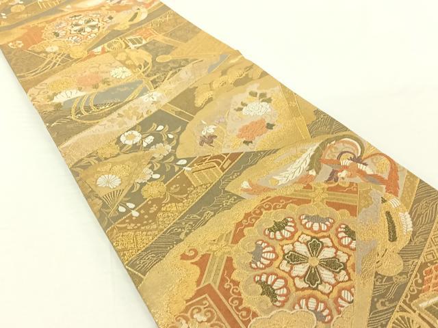 平和屋着物◎六通柄袋帯 吉祥福禄寿 檜扇花鳥文 金糸 正絹 逸品 AAAO2335jh