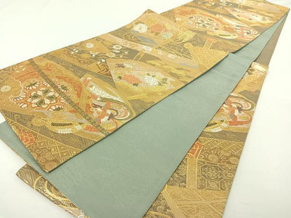 平和屋着物◎六通柄袋帯 吉祥福禄寿 檜扇花鳥文 金糸 正絹 逸品 AAAO2335jh