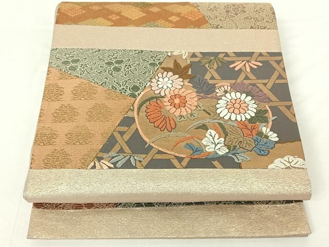 平和屋着物◎六通太鼓柄袋帯 唐織 切嵌花籬文 金糸 正絹 逸品 AAAO2515jh