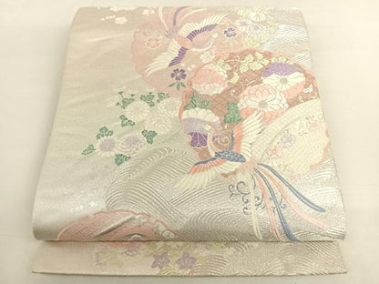 平和屋着物◎六通柄袋帯 唐織 雪輪鳳凰花文 銀糸 正絹 逸品 AAAO2966wt