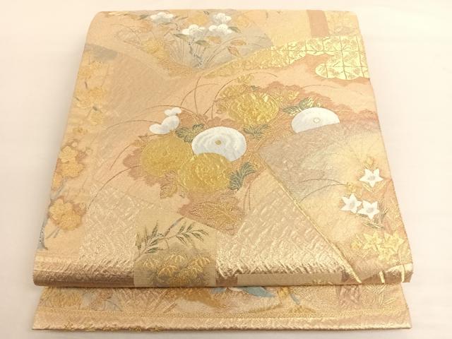 平和屋着物◎六通柄袋帯 扇面短冊文 金糸 正絹 逸品 AAAO2971wt