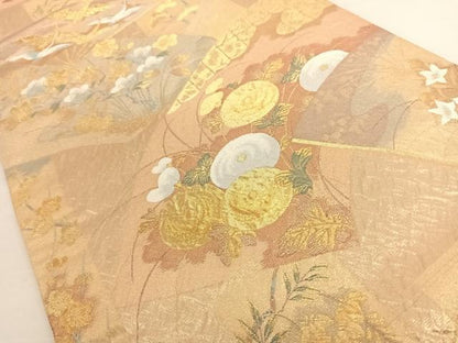 平和屋着物◎六通柄袋帯 扇面短冊文 金糸 正絹 逸品 AAAO2971wt