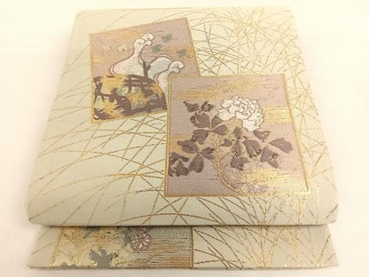 平和屋着物◎六通柄袋帯 色紙飛鶴花文 金銀糸 正絹 逸品 AAAO2979wt