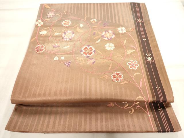 平和屋着物◎六通太鼓柄袋帯 草花文 金糸 引箔 正絹 逸品 AAAO3136jz