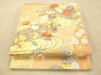 平和屋着物◎六通柄袋帯 唐織 花筏文 金糸 正絹 逸品 AAAO3569fw