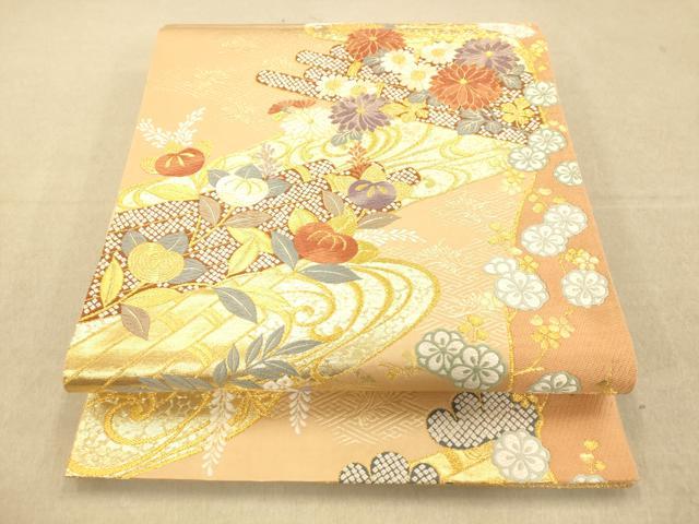 平和屋着物◎六通柄袋帯 唐織 花筏文 金糸 正絹 逸品 AAAO3569fw