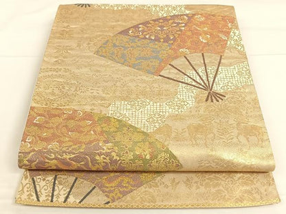 平和屋着物◎六通柄袋帯 扇面鳥獣花文 金糸 正絹 逸品 AAAO3680ey