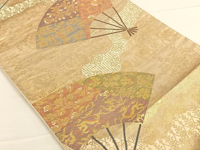 平和屋着物◎六通柄袋帯 扇面鳥獣花文 金糸 正絹 逸品 AAAO3680ey