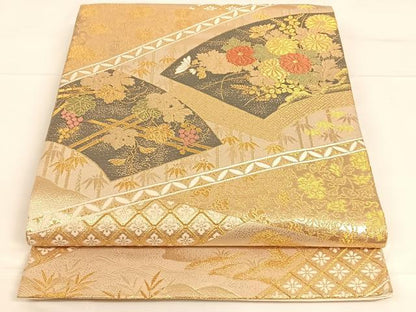 平和屋着物◎六通柄袋帯 地紙草花文 金糸 正絹 逸品 AAAO3688ey