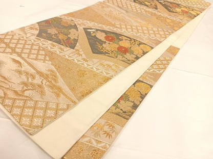 平和屋着物◎六通柄袋帯 地紙草花文 金糸 正絹 逸品 AAAO3688ey
