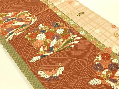 平和屋着物◎六通柄袋帯 唐織 流水花鳥丸文 金糸 正絹 逸品 AAAO3694ey