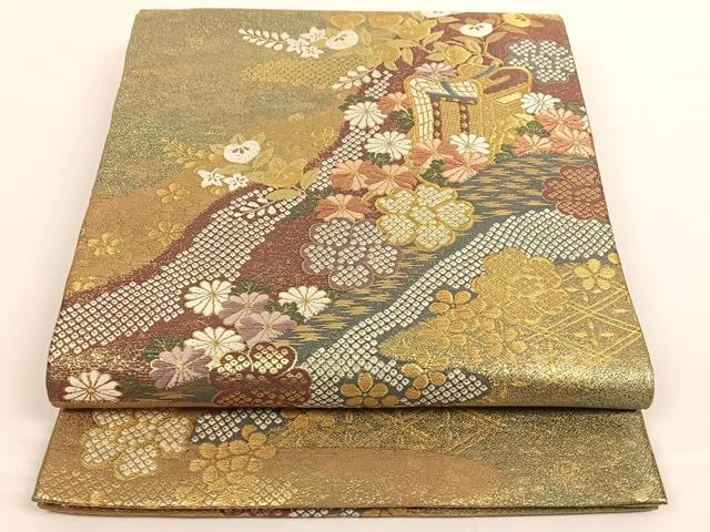 平和屋着物◎六通柄袋帯　エ霞草花文　金糸　正絹　逸品　AAAO3705ey