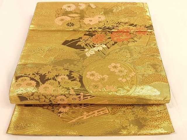 平和屋着物◎佐賀錦 両面六通柄袋帯 美ヶ原 地紙草花文 金糸 正絹 逸品 AAAO3720ey