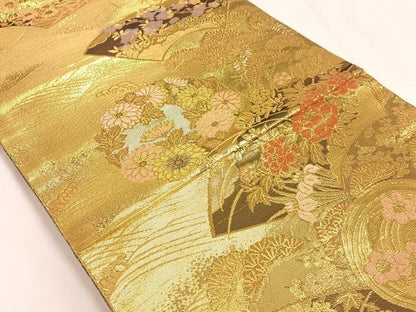 平和屋着物◎佐賀錦 両面六通柄袋帯 美ヶ原 地紙草花文 金糸 正絹 逸品 AAAO3720ey