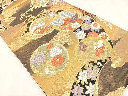 平和屋着物◎六通柄袋帯 唐織 立波花蝶文 金銀糸 正絹 逸品 AAAO4583yx