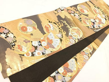 平和屋着物◎六通柄袋帯 唐織 立波花蝶文 金銀糸 正絹 逸品 AAAO4583yx