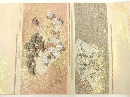 平和屋着物◎六通柄袋帯 唐織 扇面障壁文 金糸 正絹 逸品 AAAO4634yx