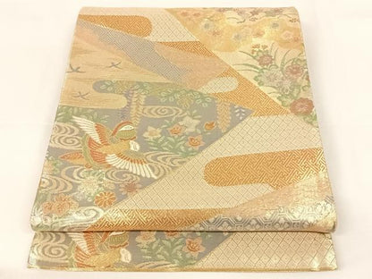 平和屋着物◎佐賀錦 六通柄袋帯 切嵌草花文 金糸 正絹 逸品 AAAO4852wt