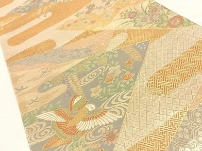 平和屋着物◎佐賀錦 六通柄袋帯 切嵌草花文 金糸 正絹 逸品 AAAO4852wt