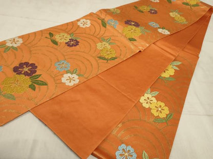 平和屋着物◎六通柄袋帯 唐織 花 青海波 金糸 正絹 逸品 AAAO5094sx