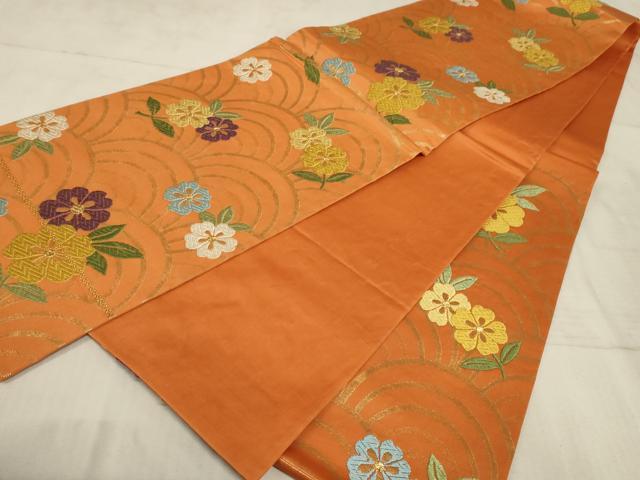 平和屋着物◎六通柄袋帯 唐織 花 青海波 金糸 正絹 逸品 AAAO5094sx