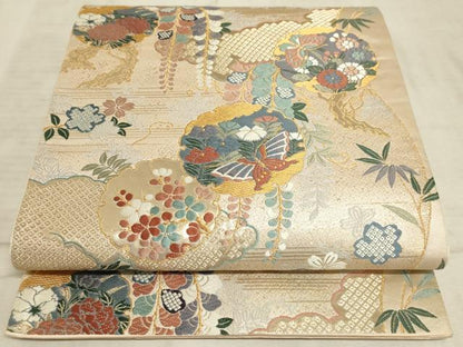 平和屋着物◎六通柄袋帯 唐織 雪輪花蝶文 金糸 正絹 逸品 AAAO5150sx
