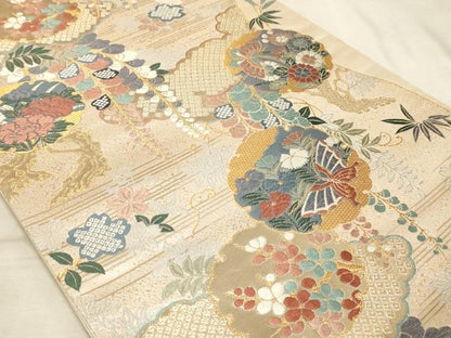平和屋着物◎六通柄袋帯 唐織 雪輪花蝶文 金糸 正絹 逸品 AAAO5150sx