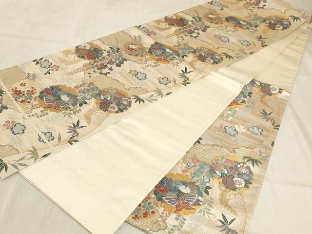 平和屋着物◎六通柄袋帯 唐織 雪輪花蝶文 金糸 正絹 逸品 AAAO5150sx