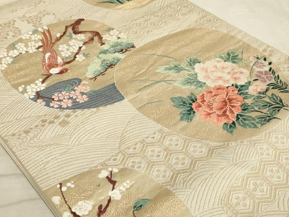 平和屋着物◎六通柄袋帯 唐織 花鳥丸文 金糸 正絹 逸品 AAAO5163sx