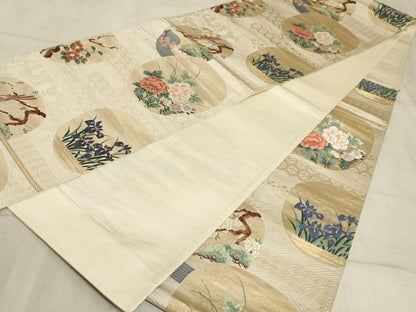 平和屋着物◎六通柄袋帯 唐織 花鳥丸文 金糸 正絹 逸品 AAAO5163sx