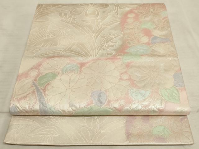 平和屋着物◎六通柄袋帯 流水鴛鴦花文 引箔 正絹 逸品 AAAO5165sx