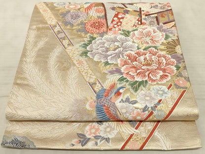 平和屋着物◎六通柄袋帯 唐織 斜格天花鳥文 金糸 正絹 逸品 AAAO5257sx