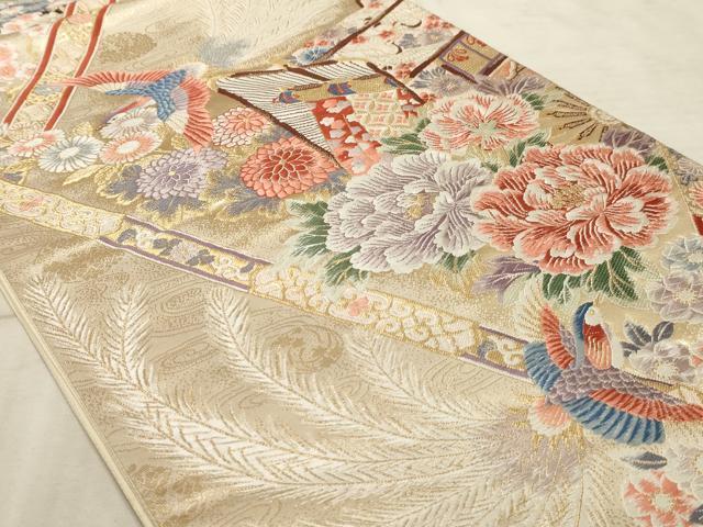 平和屋着物◎六通柄袋帯 唐織 斜格天花鳥文 金糸 正絹 逸品 AAAO5257sx