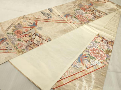 平和屋着物◎六通柄袋帯 唐織 斜格天花鳥文 金糸 正絹 逸品 AAAO5257sx