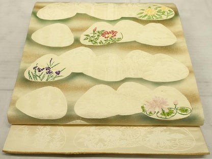 平和屋着物◎太鼓柄袋帯 手描き 貝合わせ花文 金彩 正絹 逸品 AAAO5275sx