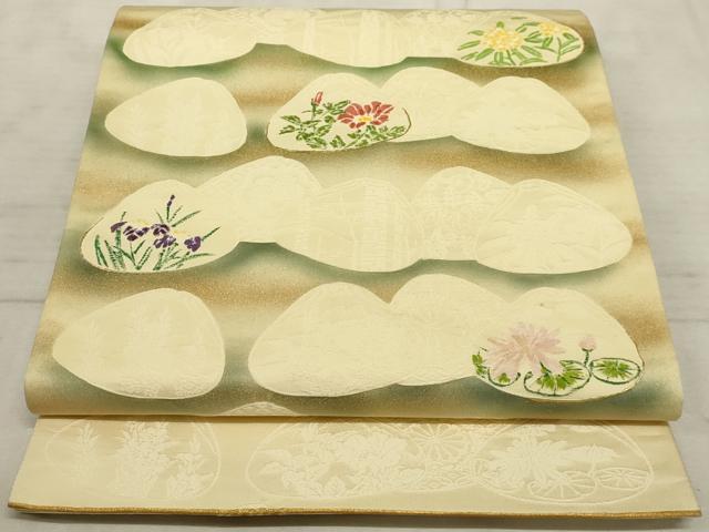 平和屋着物◎太鼓柄袋帯 手描き 貝合わせ花文 金彩 正絹 逸品 AAAO5275sx