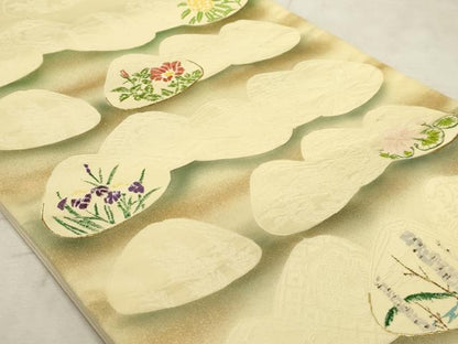 平和屋着物◎太鼓柄袋帯 手描き 貝合わせ花文 金彩 正絹 逸品 AAAO5275sx