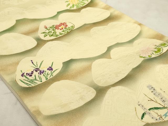 平和屋着物◎太鼓柄袋帯 手描き 貝合わせ花文 金彩 正絹 逸品 AAAO5275sx