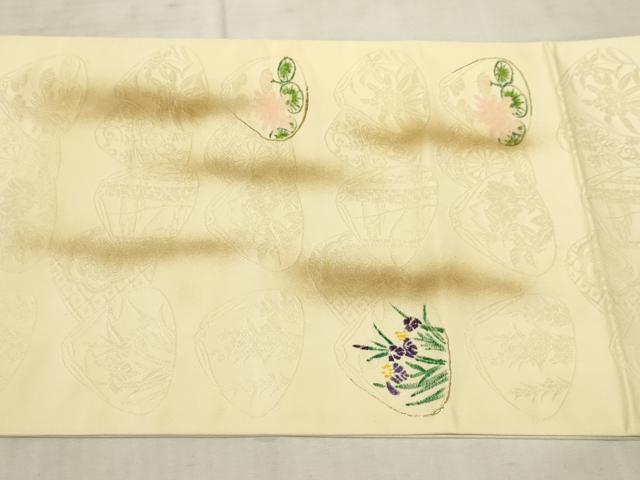 平和屋着物◎太鼓柄袋帯 手描き 貝合わせ花文 金彩 正絹 逸品 AAAO5275sx