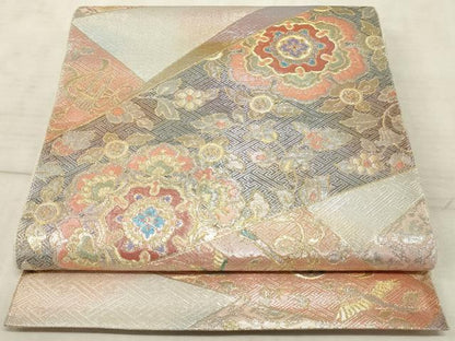 平和屋着物◎六通柄袋帯 裂取花鳥文 金銀糸 正絹 逸品 AAAO5296sx