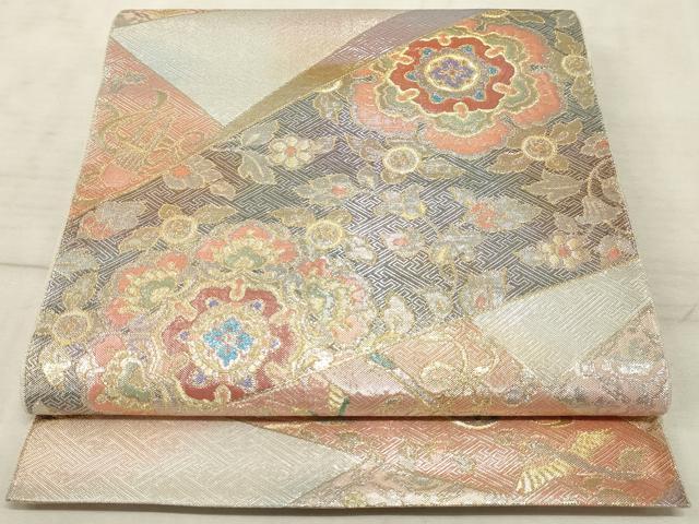 平和屋着物◎六通柄袋帯 裂取花鳥文 金銀糸 正絹 逸品 AAAO5296sx