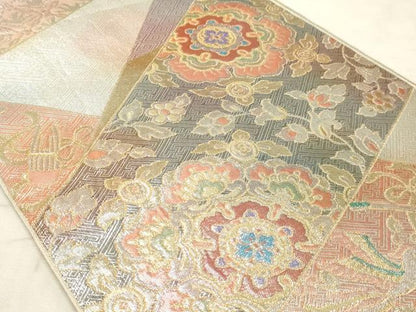 平和屋着物◎六通柄袋帯 裂取花鳥文 金銀糸 正絹 逸品 AAAO5296sx